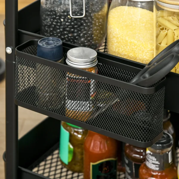 Serveerwagen met 3 niveaus keukenwagen met wielen handvat rolwagen met haken en mand, keukenrek, multifunctionele wagen voor keuken kantoor badkamer, zwart 10