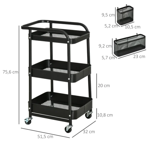 Serveerwagen met 3 niveaus keukenwagen met wielen handvat rolwagen met haken en mand, keukenrek, multifunctionele wagen voor keuken kantoor badkamer, zwart 4
