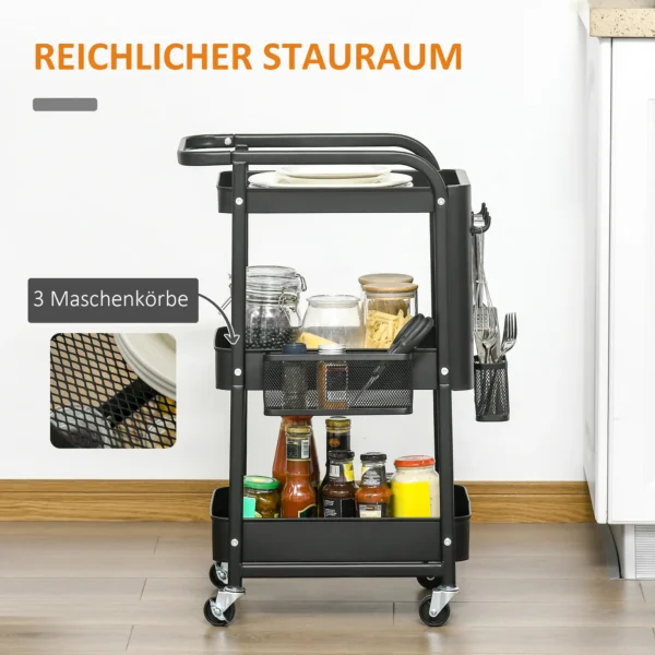 Serveerwagen met 3 niveaus keukenwagen met wielen handvat rolwagen met haken en mand, keukenrek, multifunctionele wagen voor keuken kantoor badkamer, zwart 5