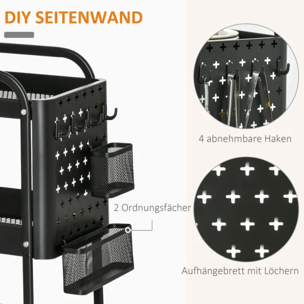 Serveerwagen met 3 niveaus keukenwagen met wielen handvat rolwagen met haken en mand, keukenrek, multifunctionele wagen voor keuken kantoor badkamer, zwart 6