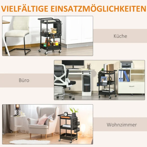 Serveerwagen met 3 niveaus keukenwagen met wielen handvat rolwagen met haken en mand, keukenrek, multifunctionele wagen voor keuken kantoor badkamer, zwart 8