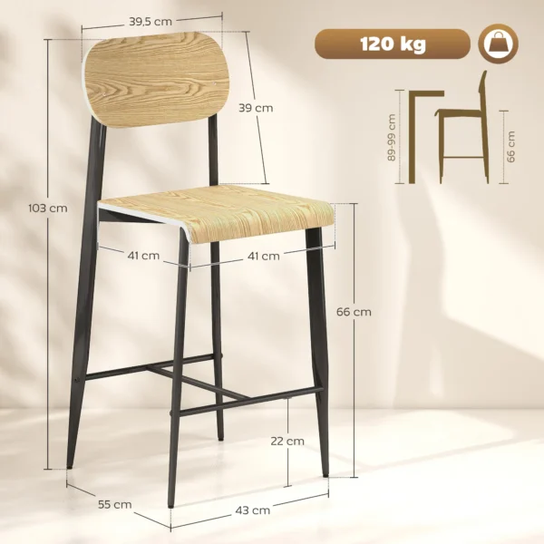 Set van 2 barkrukken, barkruk met voetsteun, metalen frame, keukenstoel met zithoogte van 66 cm, toonbankkruk eenvoudige montage, industrieel ontwerp natuurhout+zwart 4