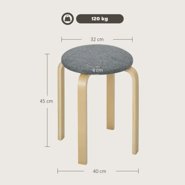 Set van 4 eetkamerkrukken stapelbare krukken, ronde krukken, keukenkrukken met linnenlook, gestoffeerde krukken voor eetkamer, woonkamer, keuken, grijs 4