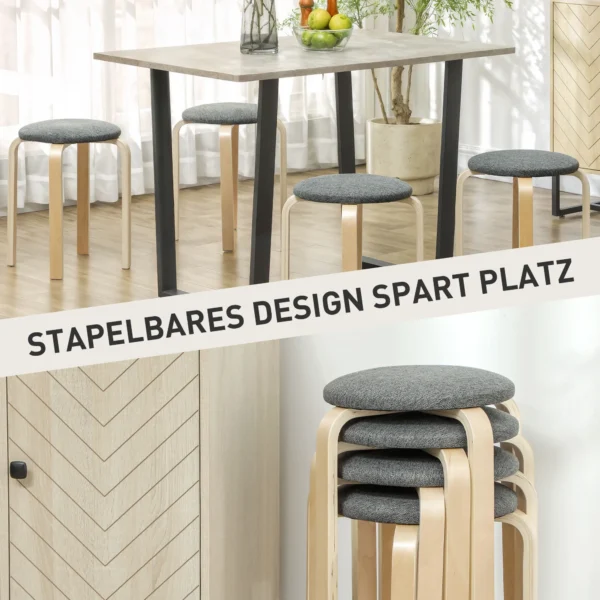 Set van 4 eetkamerkrukken stapelbare krukken, ronde krukken, keukenkrukken met linnenlook, gestoffeerde krukken voor eetkamer, woonkamer, keuken, grijs 5