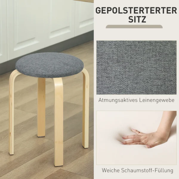 Set van 4 eetkamerkrukken stapelbare krukken, ronde krukken, keukenkrukken met linnenlook, gestoffeerde krukken voor eetkamer, woonkamer, keuken, grijs 6