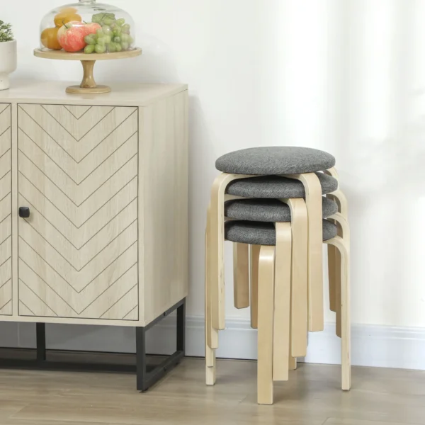 Set van 4 eetkamerkrukken stapelbare krukken, ronde krukken, keukenkrukken met linnenlook, gestoffeerde krukken voor eetkamer, woonkamer, keuken, grijs 9