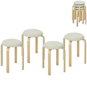 Set van 4 eetkamerkrukken stapelkrukken ronde krukken, keukenkrukken met linnenlook, gestoffeerde krukken voor eetkamer, woonkamer, keuken, crèmewit 1