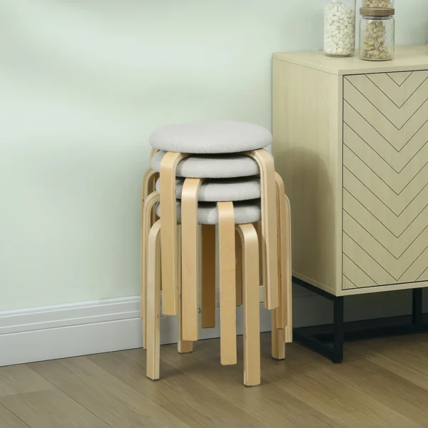 Set van 4 eetkamerkrukken stapelkrukken ronde krukken, keukenkrukken met linnenlook, gestoffeerde krukken voor eetkamer, woonkamer, keuken, crèmewit 10