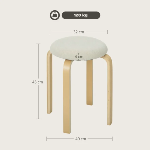 Set van 4 eetkamerkrukken stapelkrukken ronde krukken, keukenkrukken met linnenlook, gestoffeerde krukken voor eetkamer, woonkamer, keuken, crèmewit 4