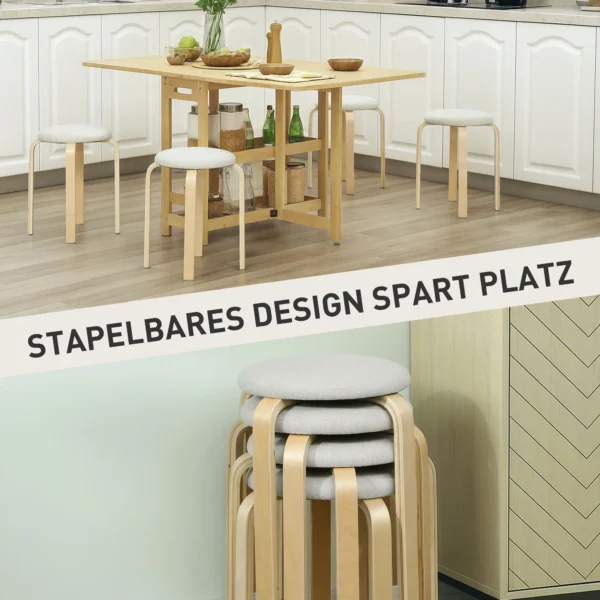 Set van 4 eetkamerkrukken stapelkrukken ronde krukken, keukenkrukken met linnenlook, gestoffeerde krukken voor eetkamer, woonkamer, keuken, crèmewit 5