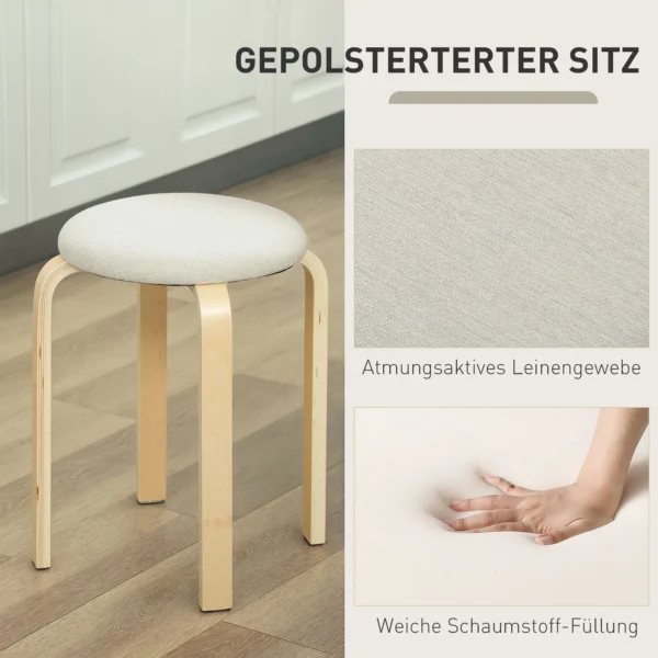 Set van 4 eetkamerkrukken stapelkrukken ronde krukken, keukenkrukken met linnenlook, gestoffeerde krukken voor eetkamer, woonkamer, keuken, crèmewit 6