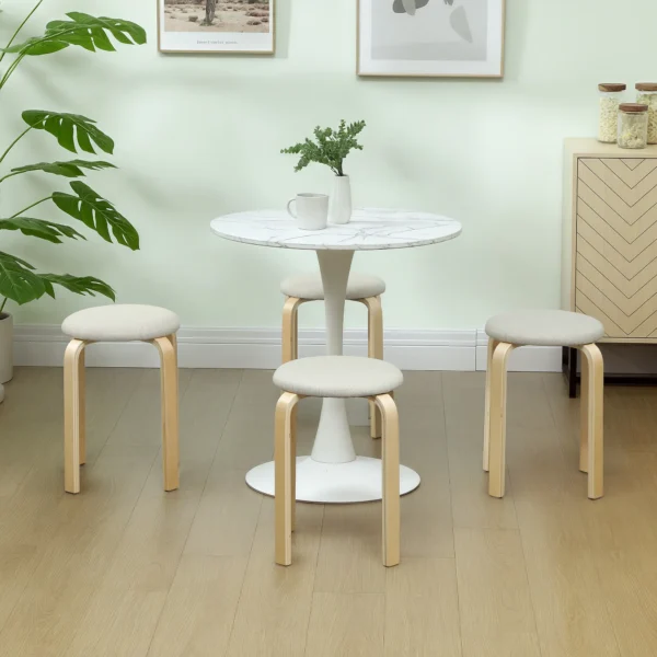 Set van 4 eetkamerkrukken stapelkrukken ronde krukken, keukenkrukken met linnenlook, gestoffeerde krukken voor eetkamer, woonkamer, keuken, crèmewit 8