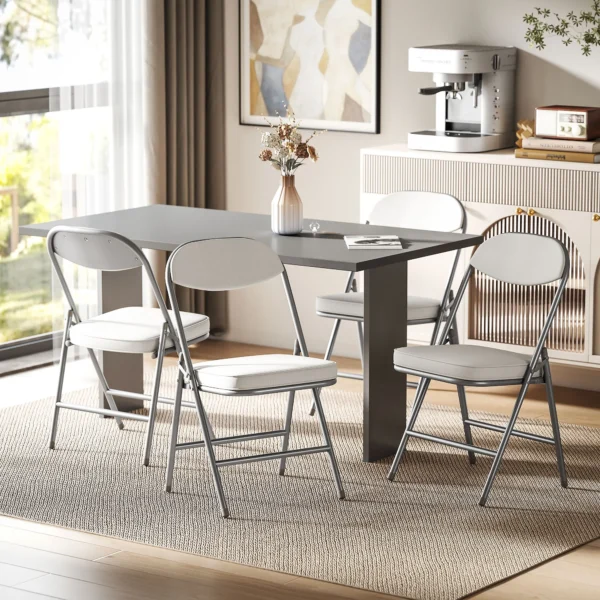 Set van 4 vouwstoelen campingstoel met gevoerde rugleuning, opvouwbare bureaustoel met stalen frame, keukenstoel met kussen tot 120 kg belastbaar voor gasten, kantoor, camping, crèmewit 2
