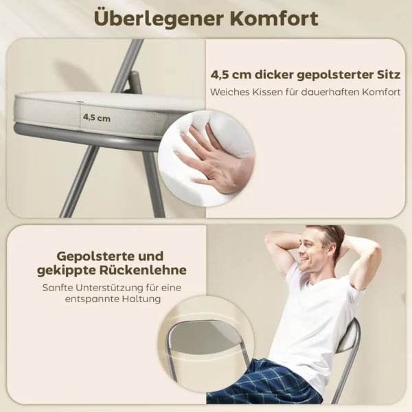 Set van 4 vouwstoelen campingstoel met gevoerde rugleuning, opvouwbare bureaustoel met stalen frame, keukenstoel met kussen tot 120 kg belastbaar voor gasten, kantoor, camping, crèmewit 5