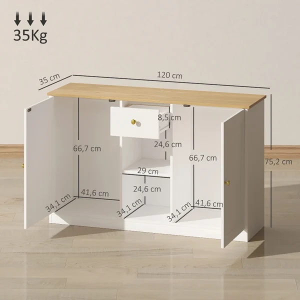 Sideboard opslagkast met lade, 2 deuren, 2 open planken, bijzetkast voor keuken, woonkamer, 120 x 35 x 75,2 cm wit 4
