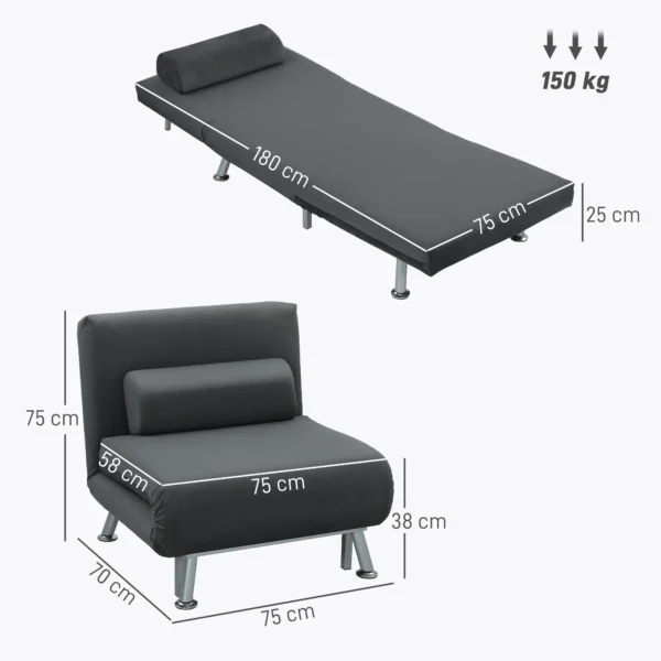 Slaapstoel, klapstoel met bedfunctie, rugkussen, opvouwbare relaxstoel in fluweel look, verstelbare rugleuning, tot 150 kg belastbaar, voor woonkamer, donkergrijs 4