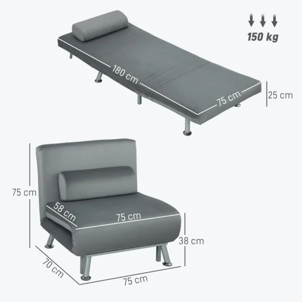 Slaapstoel, klapstoel met bedfunctie, rugkussen, opvouwbare relaxstoel in fluweel look, verstelbare rugleuning, tot 150 kg belastbaar, voor woonkamer, grijs 4