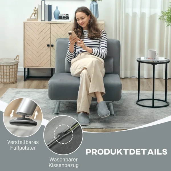 Slaapstoel, klapstoel met bedfunctie, rugkussen, opvouwbare relaxstoel in fluweel look, verstelbare rugleuning, tot 150 kg belastbaar, voor woonkamer, grijs 8