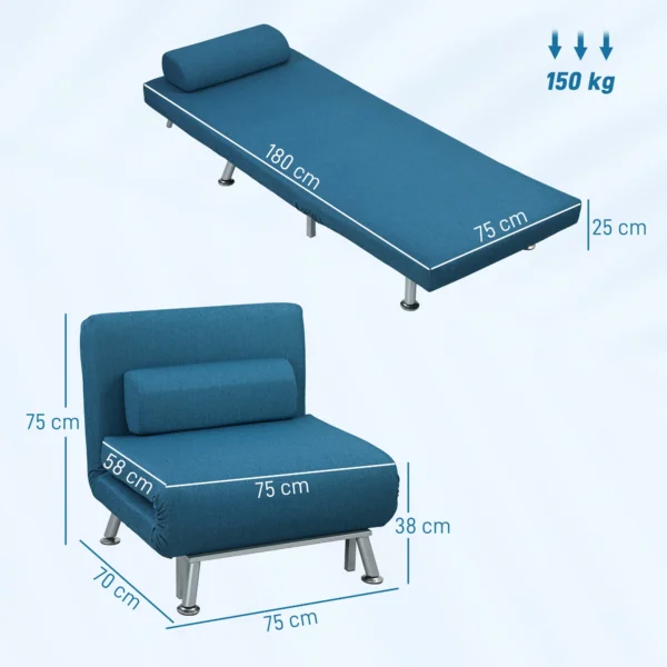Slaapstoel, klapstoel met bedfunctie, rugkussen, opvouwbare relaxstoel in linnenlook, verstelbare rugleuning, tot 150 kg belastbaar, voor woonkamer, blauw 4