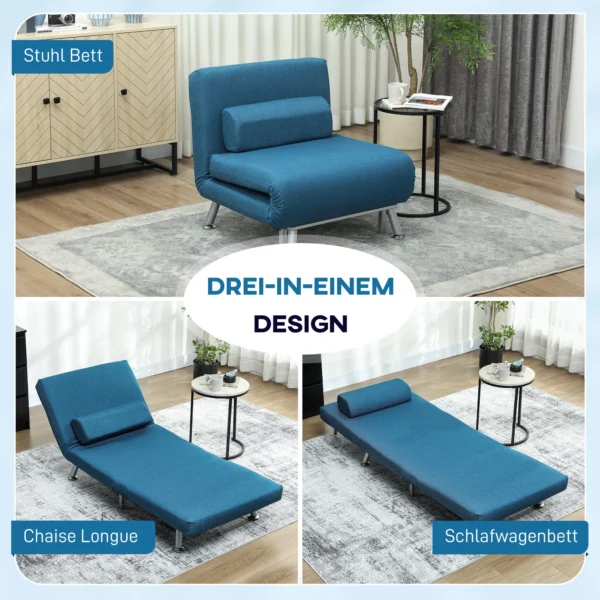 Slaapstoel, klapstoel met bedfunctie, rugkussen, opvouwbare relaxstoel in linnenlook, verstelbare rugleuning, tot 150 kg belastbaar, voor woonkamer, blauw 5