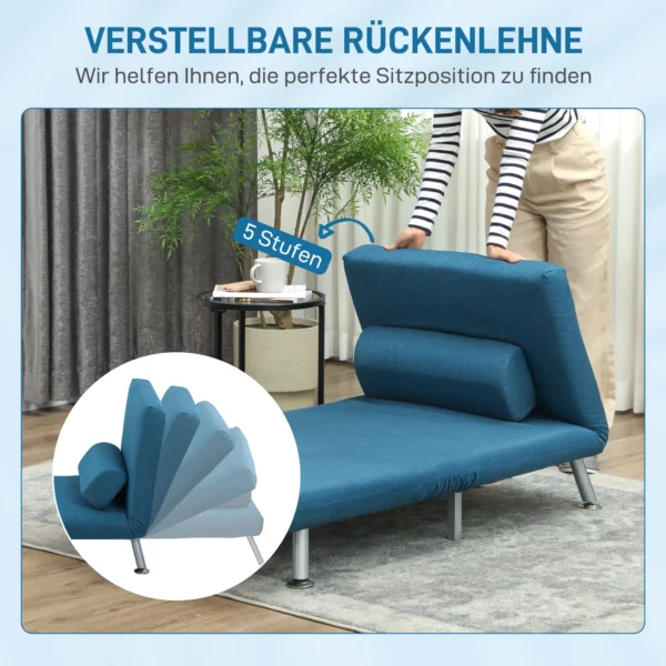 Slaapstoel, klapstoel met bedfunctie, rugkussen, opvouwbare relaxstoel in linnenlook, verstelbare rugleuning, tot 150 kg belastbaar, voor woonkamer, blauw 6