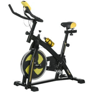 Sportnow hometrainer met verstelbare zit en weerstand, fitnessfiets met lcd display, hartslagsensor, indoor cycling bike, staal, geel 1