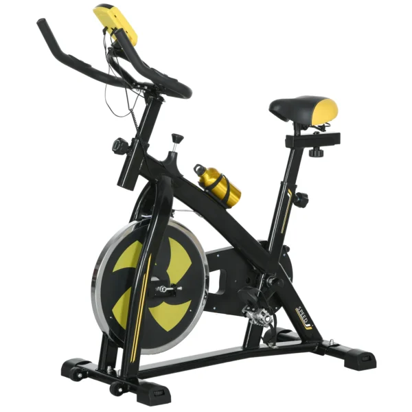Sportnow hometrainer met verstelbare zit en weerstand, fitnessfiets met lcd display, hartslagsensor, indoor cycling bike, staal, geel 1