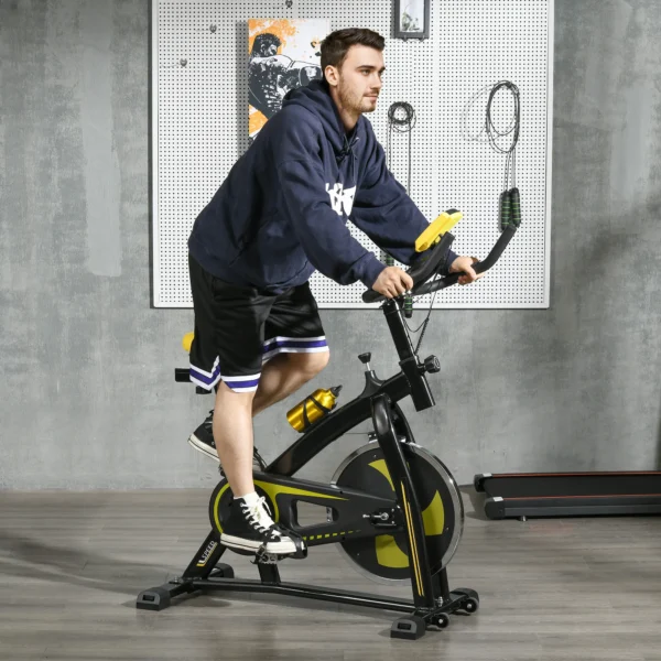 Sportnow hometrainer met verstelbare zit en weerstand, fitnessfiets met lcd display, hartslagsensor, indoor cycling bike, staal, geel 2