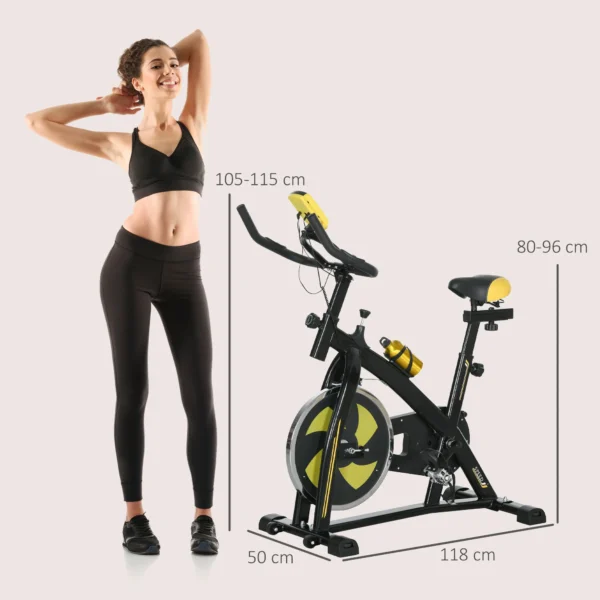 Sportnow hometrainer met verstelbare zit en weerstand, fitnessfiets met lcd display, hartslagsensor, indoor cycling bike, staal, geel 4