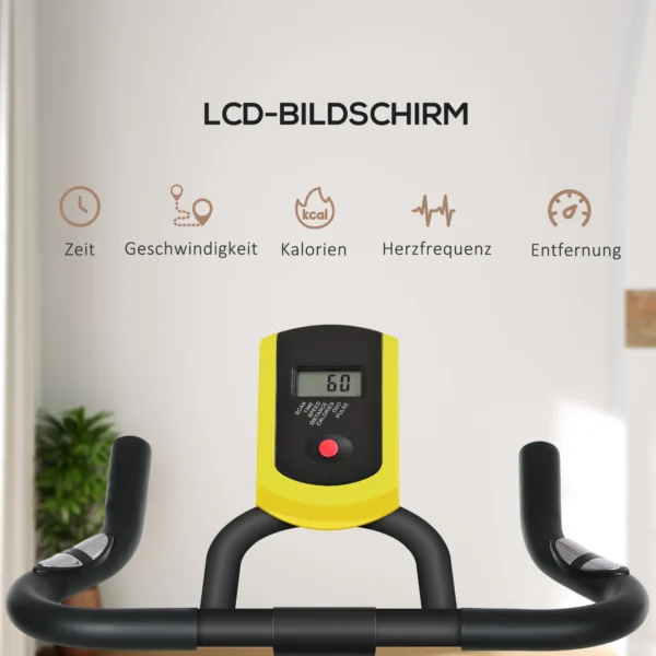 Sportnow hometrainer met verstelbare zit en weerstand, fitnessfiets met lcd display, hartslagsensor, indoor cycling bike, staal, geel 5