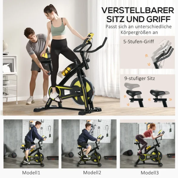 Sportnow hometrainer met verstelbare zit en weerstand, fitnessfiets met lcd display, hartslagsensor, indoor cycling bike, staal, geel 7