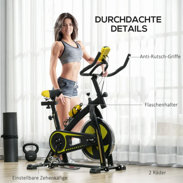 Sportnow hometrainer met verstelbare zit en weerstand, fitnessfiets met lcd display, hartslagsensor, indoor cycling bike, staal, geel 8