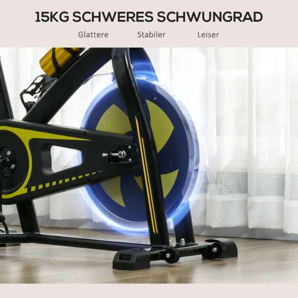 Sportnow hometrainer met verstelbare zit en weerstand, fitnessfiets met lcd display, hartslagsensor, indoor cycling bike, staal, geel 9