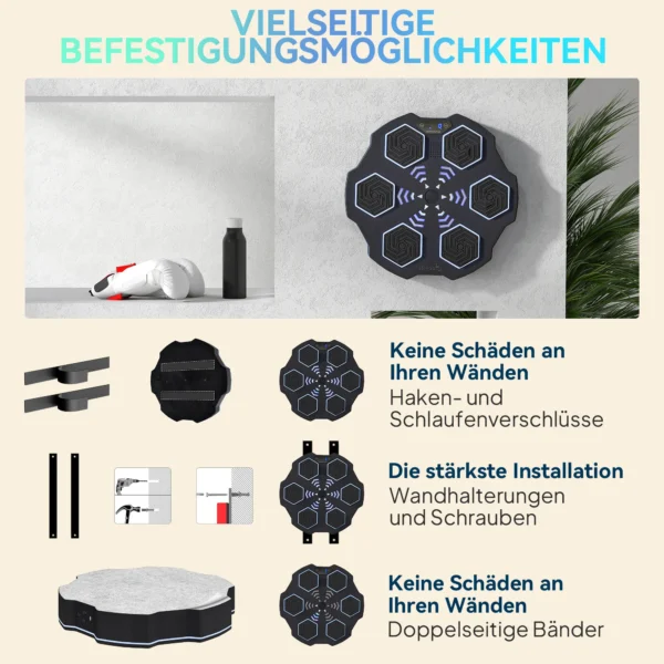 Sportnow muziek boks machine, elektronische bluetooth boksmachine met muziek, 9 snelheden 3 modi, wandgemonteerd slim boksdoel met led verlichting, voor volwassenen, thuisoefeningen, zwart 10