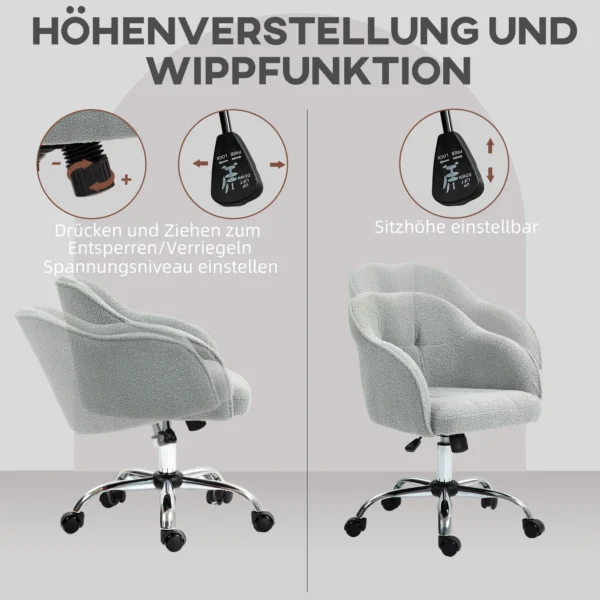 Thuiskantoor stoel, ergonomische bureaustoel draaistoel in hoogte verstelbare bureaustoel met kantelfunctie, teddyfluweel uiterlijk, make up stoel voor slaapkamer, studeerkamer, grijs 5