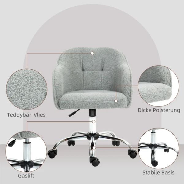 Thuiskantoor stoel, ergonomische bureaustoel draaistoel in hoogte verstelbare bureaustoel met kantelfunctie, teddyfluweel uiterlijk, make up stoel voor slaapkamer, studeerkamer, grijs 7