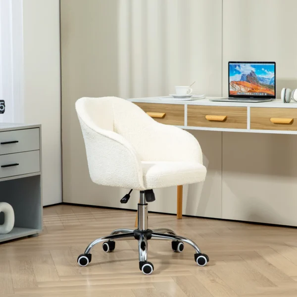 Thuiskantoor stoel, ergonomische bureaustoel draaistoel verstelbare hoogte bureaustoel met kantelfunctie, teddyfluweel look, make up stoel voor slaapkamer, studeerkamer, crèmewit 2