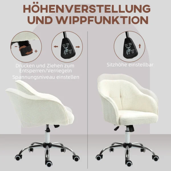 Thuiskantoor stoel, ergonomische bureaustoel draaistoel verstelbare hoogte bureaustoel met kantelfunctie, teddyfluweel look, make up stoel voor slaapkamer, studeerkamer, crèmewit 5