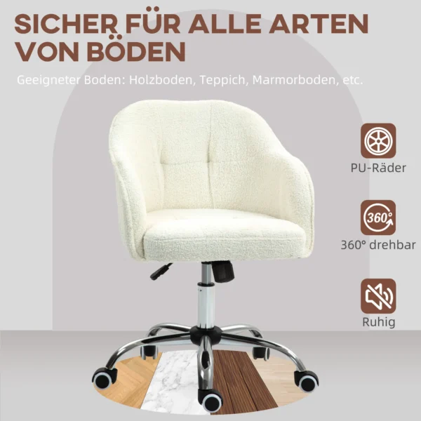 Thuiskantoor stoel, ergonomische bureaustoel draaistoel verstelbare hoogte bureaustoel met kantelfunctie, teddyfluweel look, make up stoel voor slaapkamer, studeerkamer, crèmewit 6