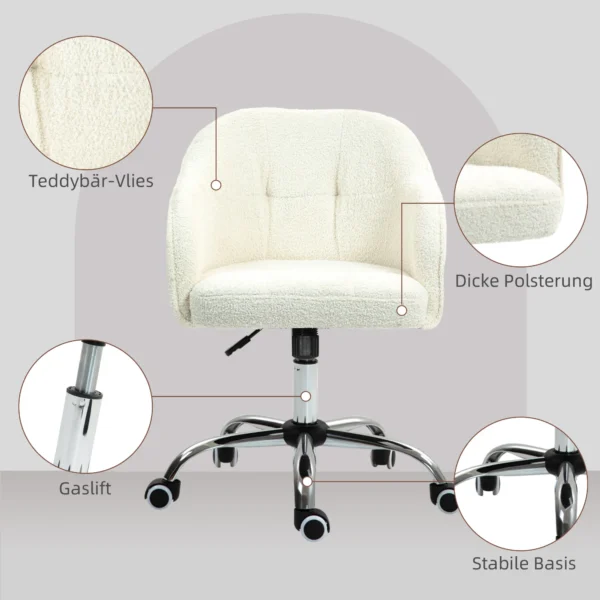 Thuiskantoor stoel, ergonomische bureaustoel draaistoel verstelbare hoogte bureaustoel met kantelfunctie, teddyfluweel look, make up stoel voor slaapkamer, studeerkamer, crèmewit 7