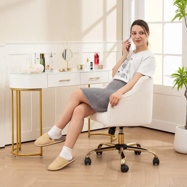 Thuiswerkstoel, draaibare bureaustoel verstelbare hoogte met kantelfunctie, linnenlook, make up stoel voor slaapkamer, studeerkamer, beige 9