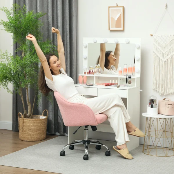 Thuiswerkstoel, ergonomische bureaustoel draaistoel verstelbare hoogte kantoorstoel met kantelfunctie, teddyfluweel uiterlijk, make up stoel voor slaapkamer, studeerkamer, roze 2