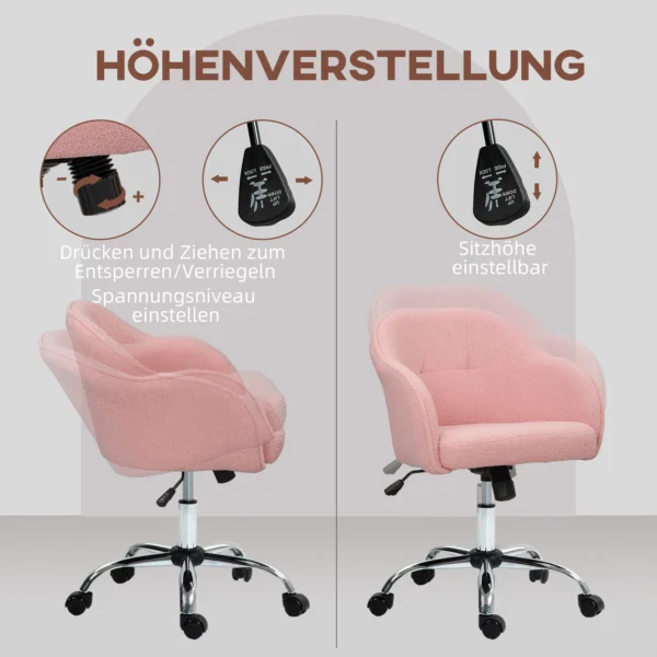 Thuiswerkstoel, ergonomische bureaustoel draaistoel verstelbare hoogte kantoorstoel met kantelfunctie, teddyfluweel uiterlijk, make up stoel voor slaapkamer, studeerkamer, roze 5
