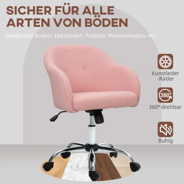Thuiswerkstoel, ergonomische bureaustoel draaistoel verstelbare hoogte kantoorstoel met kantelfunctie, teddyfluweel uiterlijk, make up stoel voor slaapkamer, studeerkamer, roze 6