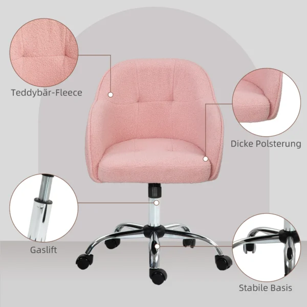 Thuiswerkstoel, ergonomische bureaustoel draaistoel verstelbare hoogte kantoorstoel met kantelfunctie, teddyfluweel uiterlijk, make up stoel voor slaapkamer, studeerkamer, roze 7