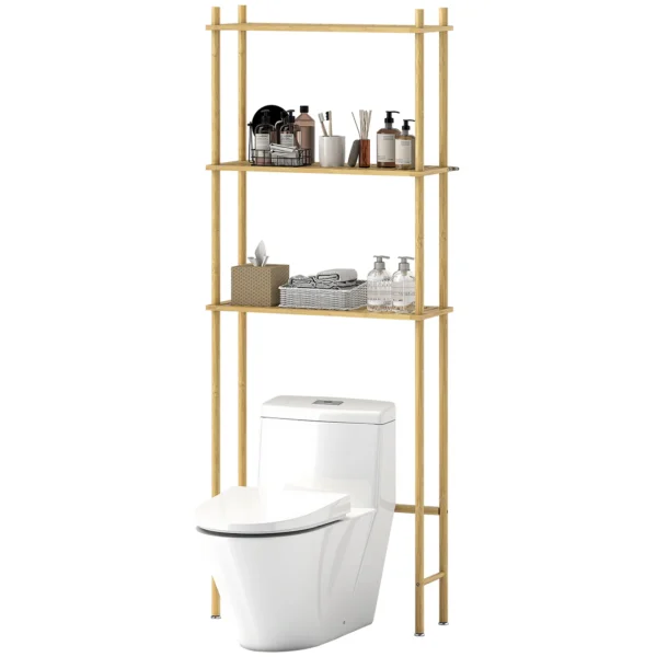 Toilettenrek 3 niveaus badkamerrek met kantelbeveiliging, ruimtebesparend multifunctioneel rek voor wasruimte, landelijke stijl, natuurhout 1