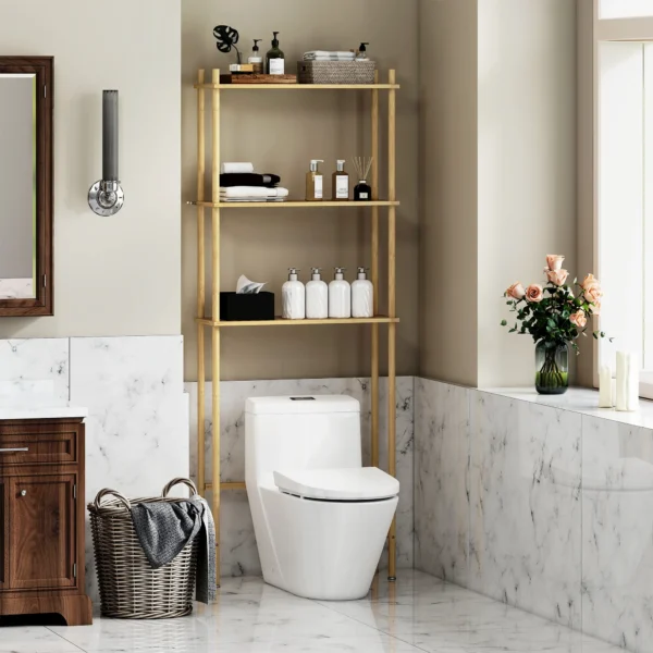 Toilettenrek 3 niveaus badkamerrek met kantelbeveiliging, ruimtebesparend multifunctioneel rek voor wasruimte, landelijke stijl, natuurhout 2