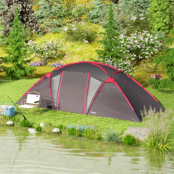 Tunnel tent, campingtent voor 4 6 personen, met 3 kamers, licht haak, groepstent met dubbele deuren, 3000mm waterafstotend familie tent, voor tuin, campingplaats, grijs 10
