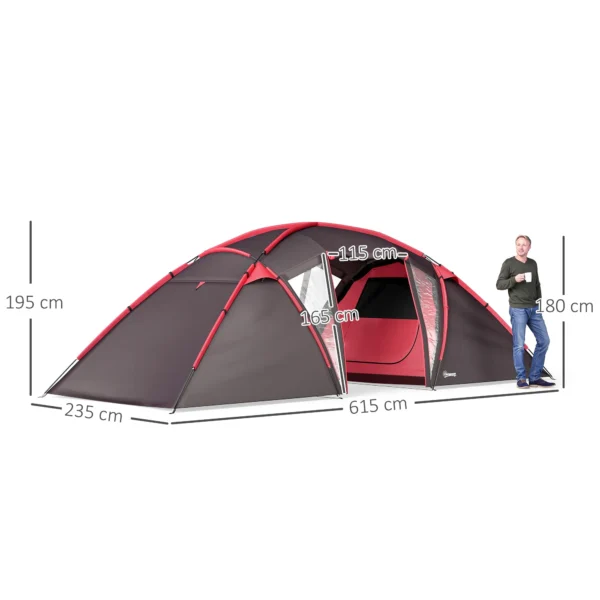 Tunnel tent, campingtent voor 4 6 personen, met 3 kamers, licht haak, groepstent met dubbele deuren, 3000mm waterafstotend familie tent, voor tuin, campingplaats, grijs 4
