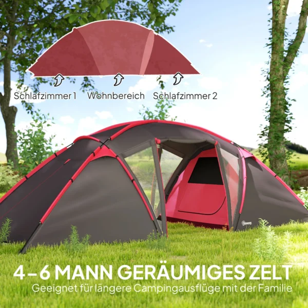 Tunnel tent, campingtent voor 4 6 personen, met 3 kamers, licht haak, groepstent met dubbele deuren, 3000mm waterafstotend familie tent, voor tuin, campingplaats, grijs 5